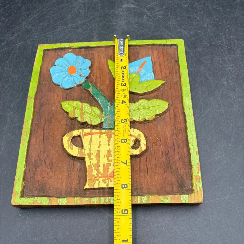 Vtg Retro Hand Carved Wood Floral Plaque Folk Art Flower Vase Relief Painting